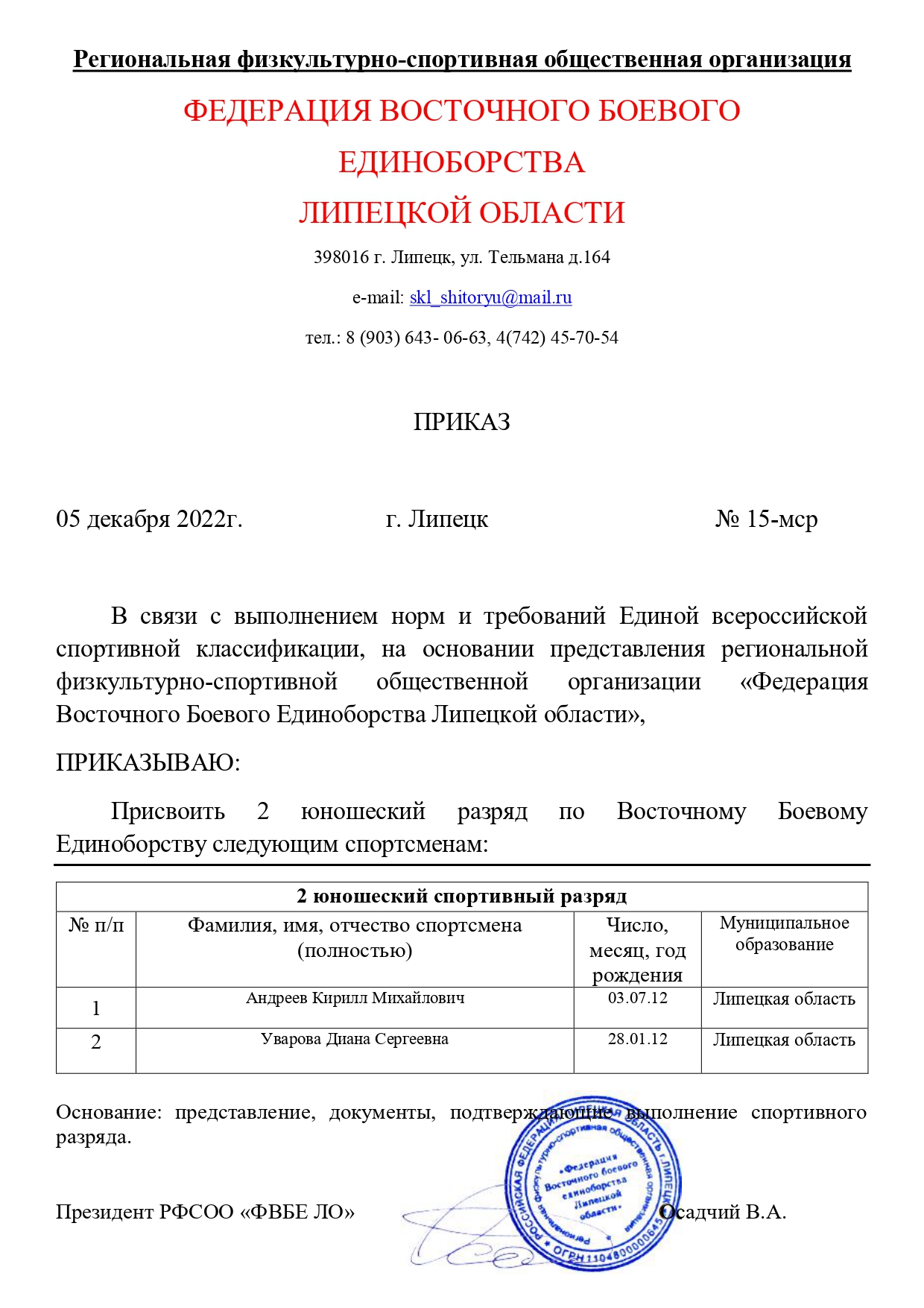 Приказ 15 мср от 05.02.2022